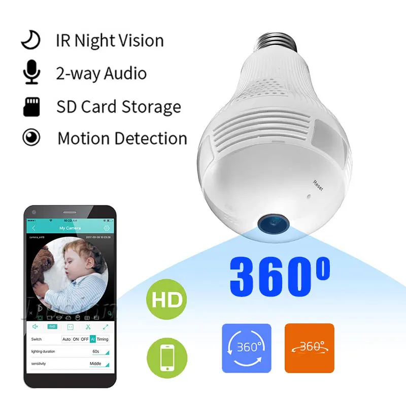 WiFi Light Bulb Mini Camera Panoramic HD Real Time Video Night Vision 360 Degree 960P Micro Cam Camcorder Support Hidden TF Card