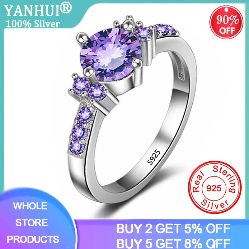 YANHUI Trendy Gemstones Silver 925 Jewelry Purple Crystal Rings For Women Solid Silver Ring Luxury Amethyst Ring Cocktaill Rings wellmade solid 925sterling silver illuminati ring