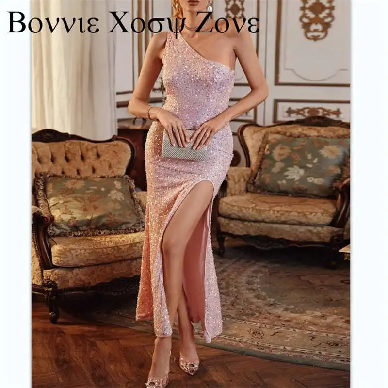One Shoulder Slit Sequin Dress Sexy Bodycon Party Dresses Backless drop shipping