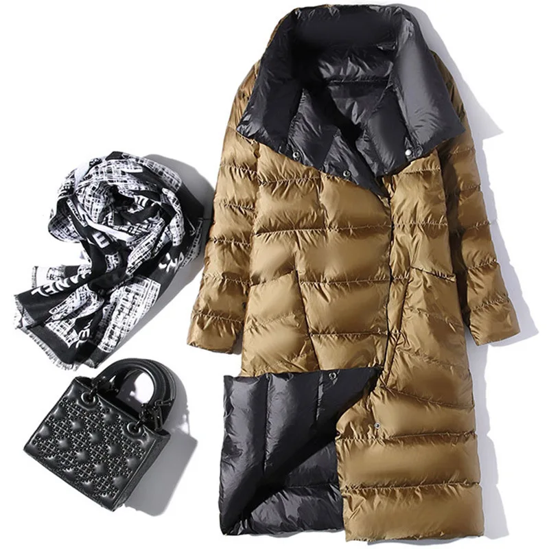 

Women reversible down jacket long coat spring and autumn high collar white duck down double-breasted thin parka coat snow jacket