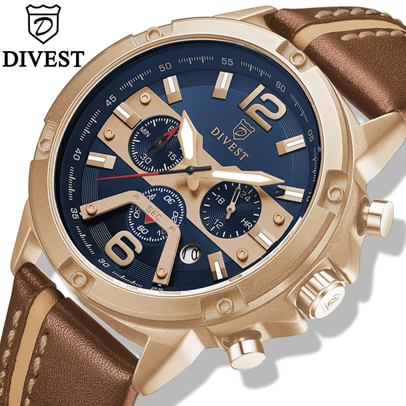 

DIVEST New Fashion Mens Watches Top Brand Luxury Leather Sport Watch Men Quartz Date Clock Waterproof Wristwatch Chronograph