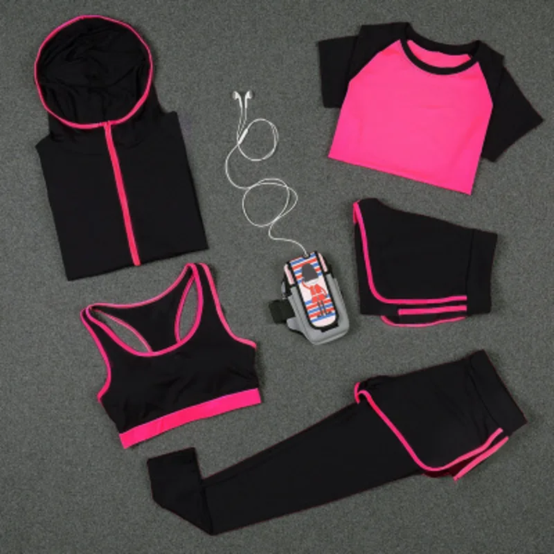 5 Piece Set Yoga For Women's Running Fitness T-Shirt Sports Bra Wear Clothing Women Training yoga Sport Suit | Спорт и