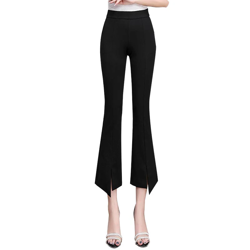 

Flare Pants Female Vintage Black Ankle-length Boot Cut Women Elastic High Waist Split 2021 Summer Bell Bottom Leggings Casual