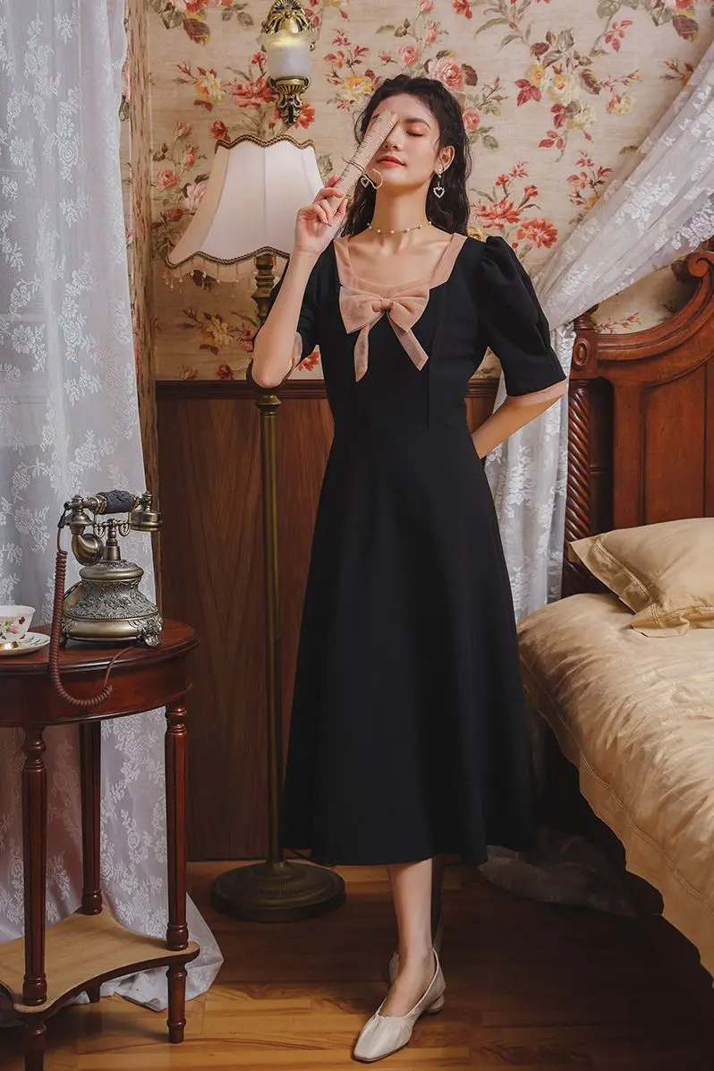 

COIGARSAM Women Dress Summer New Vintage Solid Short Sleeve Peter Pan Collar High Waist Black Dresses Traf Robe Vestidos