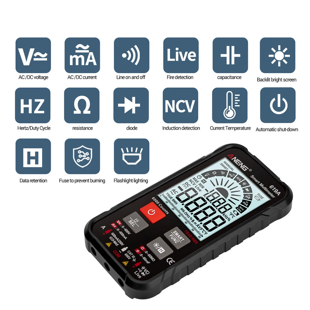 

619a Digital Multimeter Ac / Dc Current Voltage Testers True Rms Professional 6000 Counts Analog Bar Multimeter Ncv Meter