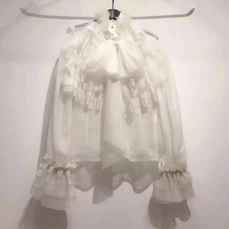 

SeeBeautiful Sexy Perspective Bow-knot Ruffles Stitching Loose Shirt Turtleneck Flare Sleeve New Fashion Summer 2021 Woman E301