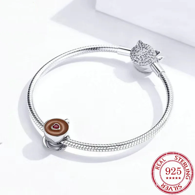 

100% S925 Silver Original Designer Charms Coffee Cup Bead Handmade DIY Fashion Platinum Plated Jewelry Fit For Pandora Charm