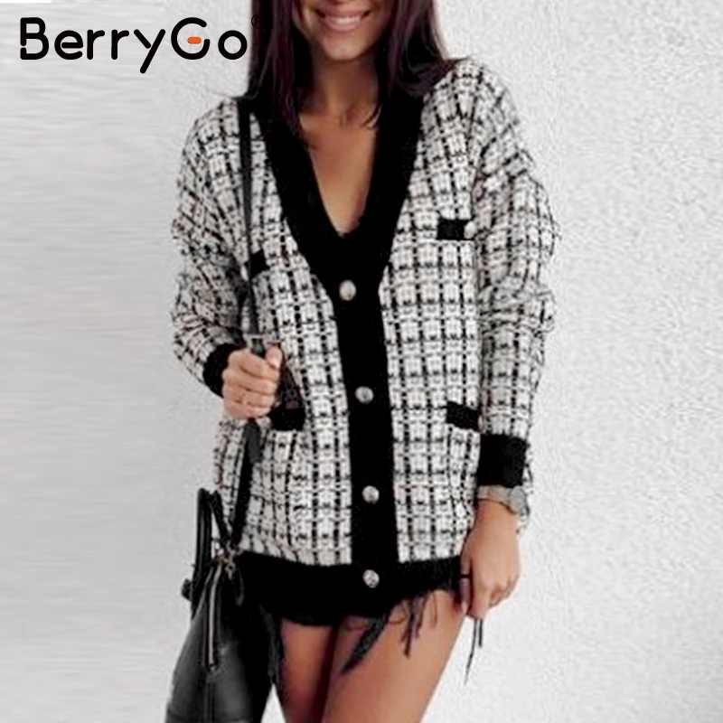 BerryGo элегантный хлопковый клетчатый вязаный кардиган свитер женский сексуальный