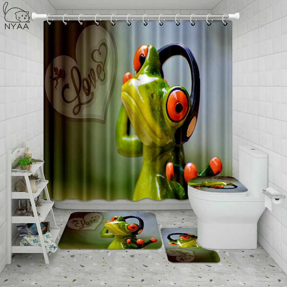 Economici NYAA 4 Pcs Rana Di Cartone Animato Tenda Della Doccia Bagno Tappetini Set Da Bagno Zerbino Set Accessori Per Il Bagno Con Ganci