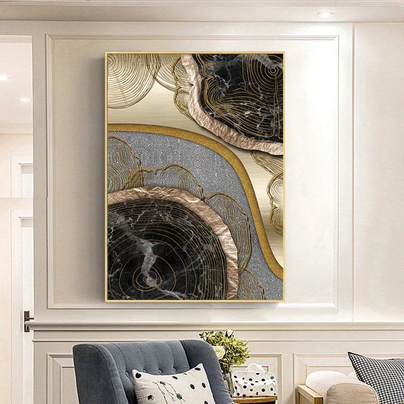 Постер с современной печатью абстрактные черные золотые кольца картина маслом