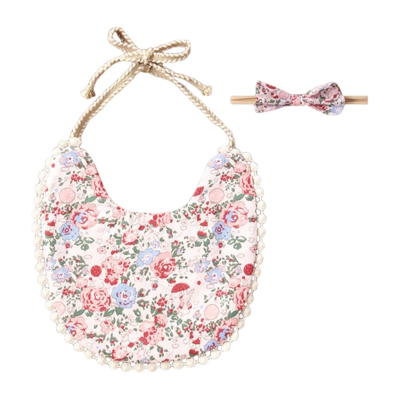 

Baby Cotton Linen Printing Bowknot Headband Bibs Set Double Sided Feeding Saliva Towel Bandana Scarf Hair Band