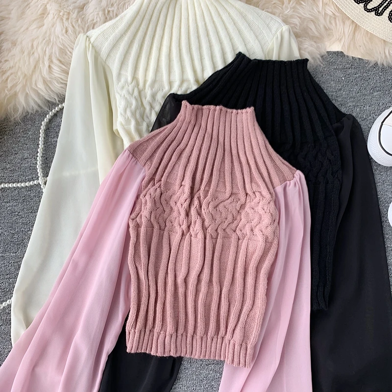 ALPHALMODA осень-зима модный свитер со жгутами фонарь длинный рукав шифон пэчворк повседневные женские пуловеры вязаный джемпер