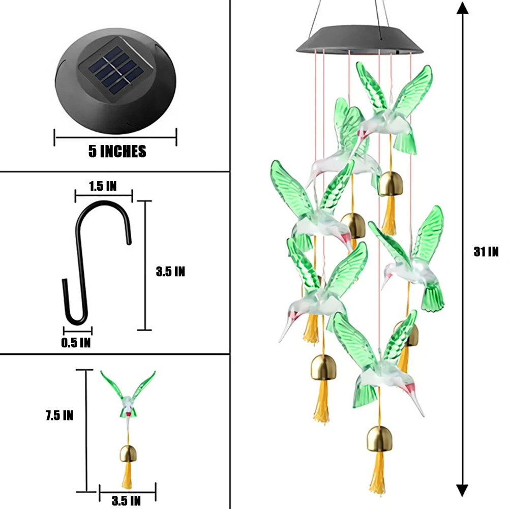 

Color Changing Solar Power Wind Chime Crystal Ball Hummingbird Butterfly Waterproof Outdoor Windchime Light for Patio Yard Garde