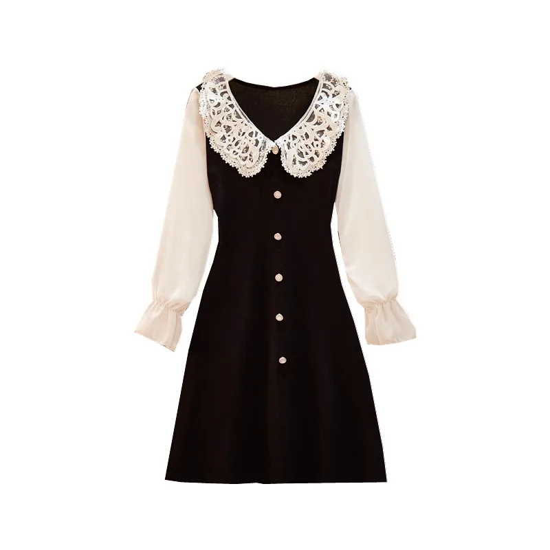 Вязаная одежда с шифоном Сращивание Платье черного цвета женские элегантные