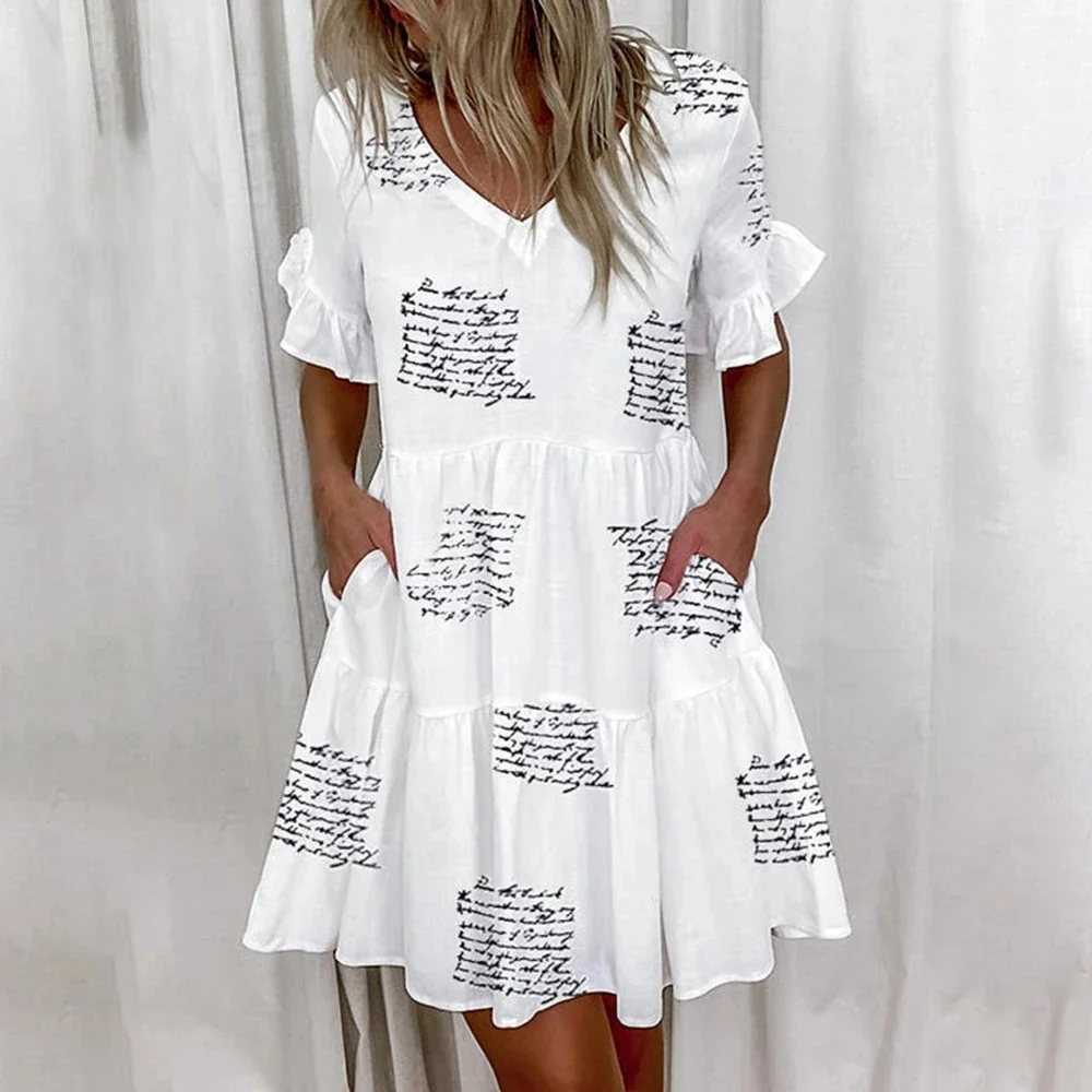 

Women Ruffles Dress Summer Casual Floral Print V-Neck Mini Dress Elegant Short Sleeve Pocket Color Block Beach Party Dresses