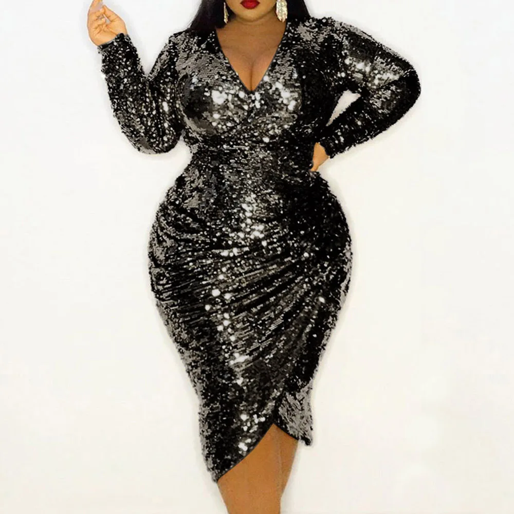 Женское платье с длинным рукавом и V-образным вырезом |