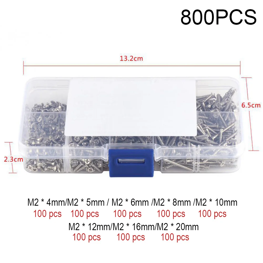 

800PCS/Box Self Tapping Screw Set 304 Stainless Steel Cross Countersunk Head M2 4/5/6/8/10/12/16/20mm Nickel Plated Screws