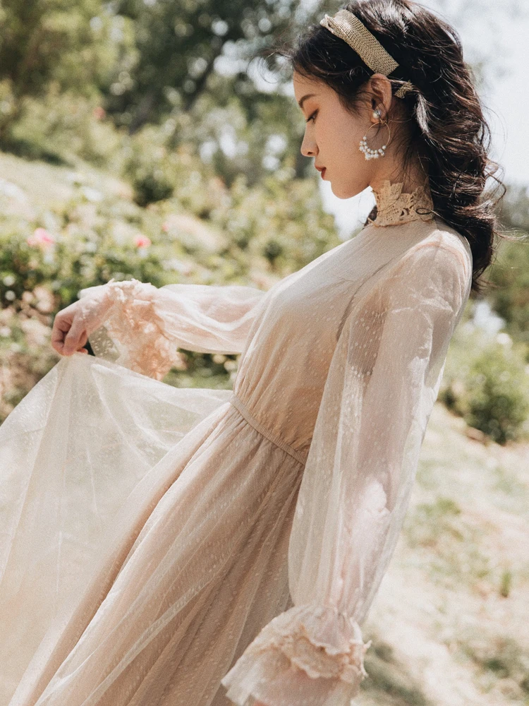 

Dress French Vintage Autumn Clothing Set Gauze High-waisted Knitted Lace Waistcoat Mesh Two-Piece Women's Western Style