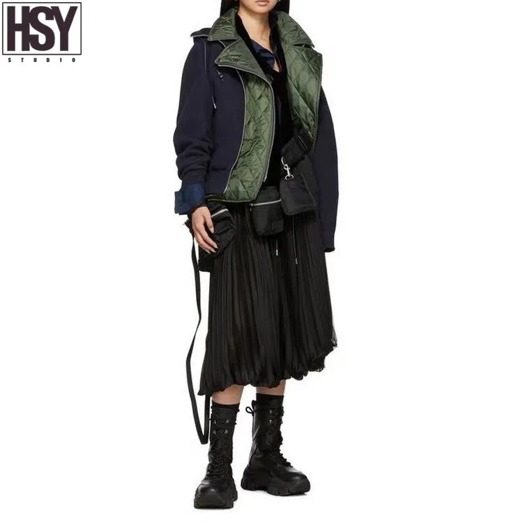 【HSY】 Новая Осенняя модная Женская Стеганая мотоциклетная куртка космическая хлопковая Лоскутная имитация двух частей ромбическое пальто с капюшоном 2 цвета