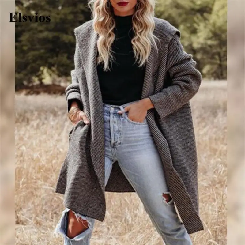 

Женский однотонный Свободный кардиган, повседневная куртка с длинным рукавом и капюшоном, пальто, женские осенне-зимние длинные топы с карм...