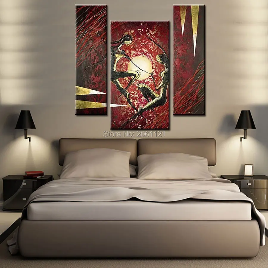 

handmade Abstract Acrylic Paintings On Canvas red black lover figure 3 Panel Wall Pictures For Bedroom Decoration Set