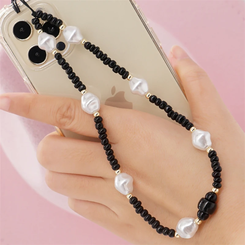 

New Creative Black Rice Bead Mobile Phone Chain Simple White Imitation Pearl Beaded Mobile Phone Anti-Lost Chain Jewelry Female