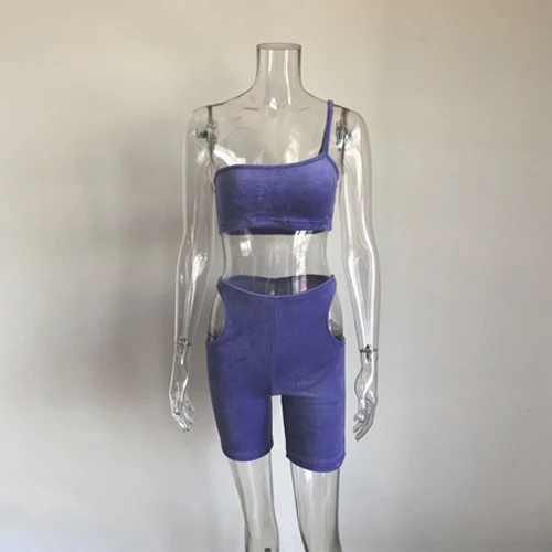 KGFIGU Velvet 2 Piece Set Women Tops and Hollow Out Shorts Snug Suits Sexy Club Outfits Two Piece Casual Tracksuit Matching Sets - Color: Purple