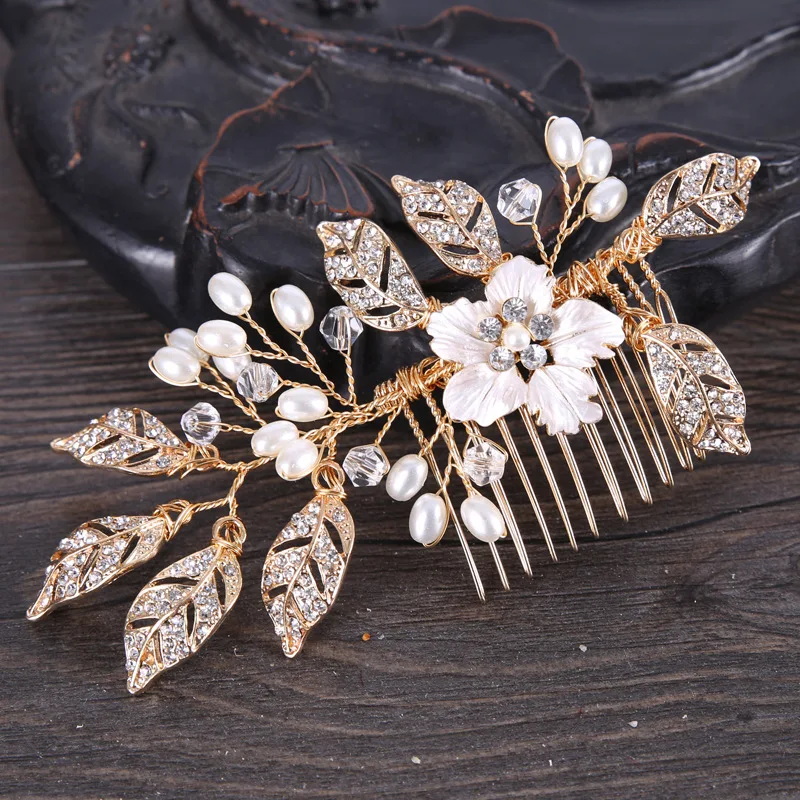 

Golden Metal Crystal Pearl Hair Combs Jewellery Tiaras de Noiva Headpiece Bridal Hair Jewelry Women Wedding Hair Accessories VL