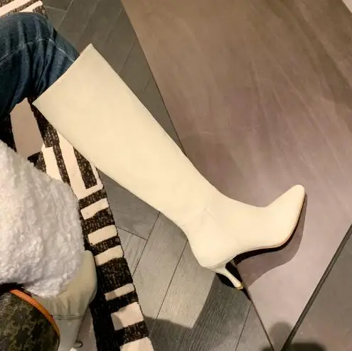 

Прямая поставка, бежевые, хаки, черные кожаные сапоги до колена с квадратным носком, модные женские сапоги на тонком каблуке 65 мм, Длинные ры...