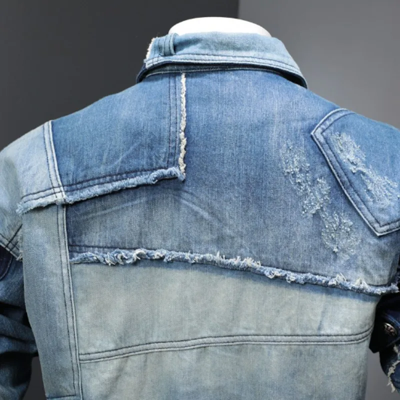 

Spring Autumn Vintage Mens Spliced Denim Jacket Man Casual Streetwear Hip Hop Loose Fit Buttons Single Breasted Biker Jean Coat