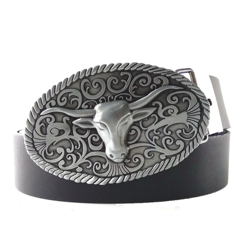 Casual 3.8cm Width Waist Belts for Men with Antique Silver Long Horn Bull Big Metal Buckle Western Cowboy Fashion Accessories