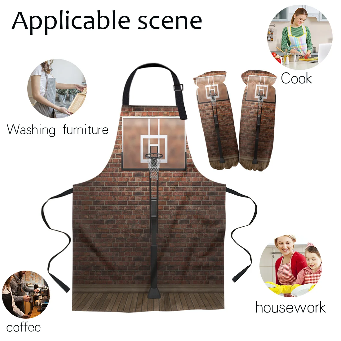 Basketball Basket Brick Wall Kitchen Aprons Chef for Woman Kids Home Decor Apron Suit Gloves Cooking Baking Waist Bib Tool | Дом и сад