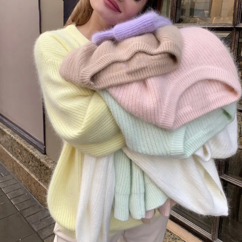 

Trendy Sweater Winter Loose Solid Color Long-sleeved Round Neck Pullover Bottoming Shirt Women's Cashmere Sweater