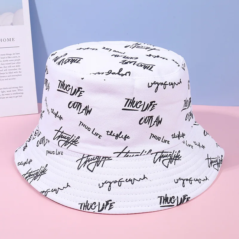 

2021 Summer Reversible Bucket Hat Women English Letters Print Cotton Sun Protection Fisherman Cap Panama Hat