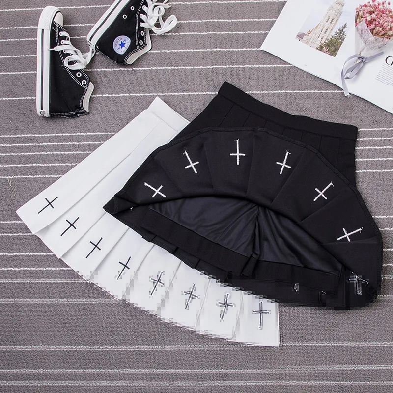 2020 Women Harajuku Sweet Fresh Feeling High Waist Pleated Skirt Elastic Waist Cross Embroidery Skirt black skirt Pleated Skirt 2020 women harajuku sweet fresh feeling high waist pleated skirt elastic waist cross embroidery skirt black skirt pleated skirt