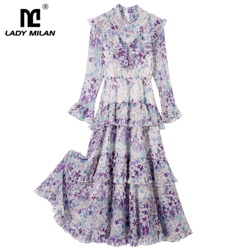 

Women's Runway Dresses Stand Collar Long Sleeves Floral Printed Tiered Ruffles Elegant Autumn Dress Vestidos