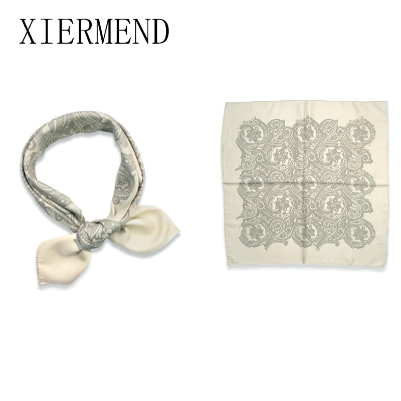 

2021 XIERMEND 53*53 Square Scarf Hair Tie Band Party Print Women Elegant Small Vintage Skinny Retro Head Neck Silk scarf