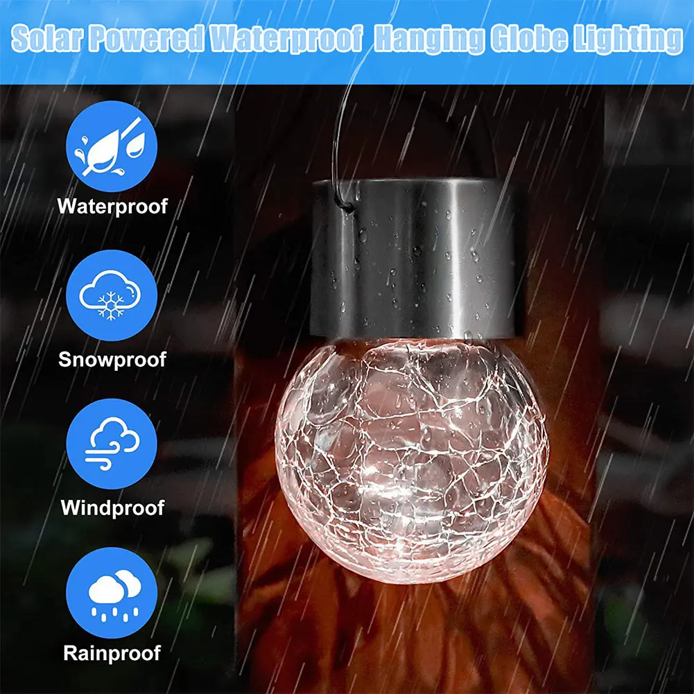 

4PCS Tree Hanging Globe Light Solar Crackle Glass Ball Lamp Decorative Lantern White Light For Garden Wedding Party Holiday