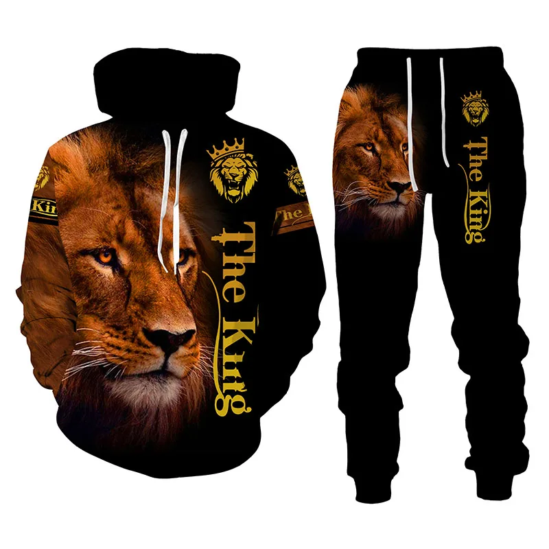 

2021 Lion King Autumn Winter 3D Printed Men's Hooded Sweatshirt Long Sleeve Men's Sportswear Set Suit