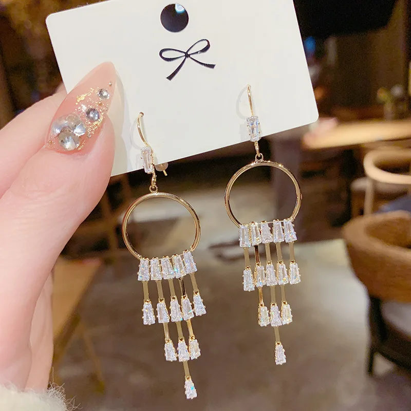 

Temperament Fashion Zircon Triangle Tassel S Needle 14K Real Gold Stud Earrings for Women Cubic Zircon ZC Earrings