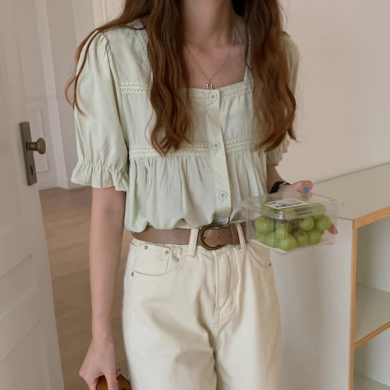 

HziriP 2021 New Summer Elegant Korean Chic Square Collar Lady Shirt Lace Gentle Fashion All-Match Butterfly Short-Sleeve Blouse