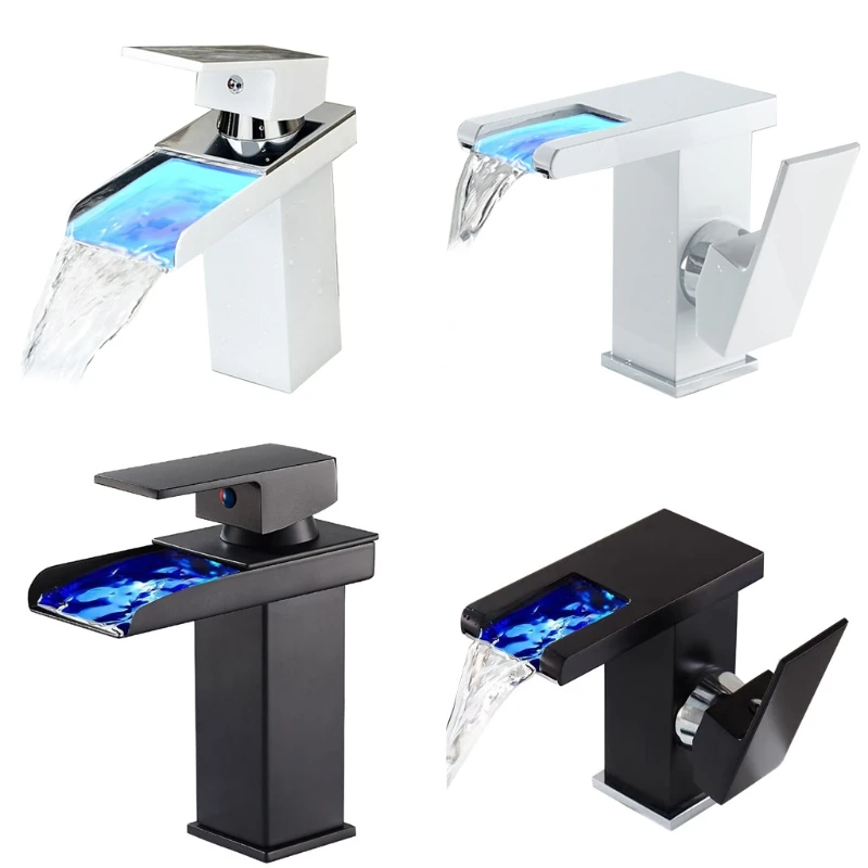 

LED Waterfall Kitchen Bathroom Basin Sink Taps Faucet Temperature Color Change X6HD