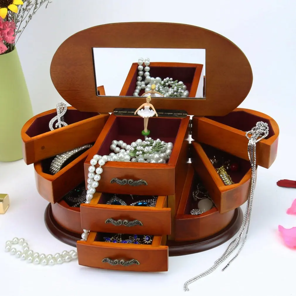 

Real Wood Jewelry Box Ballerina Music Jewellery Box Retro Decoration Organizer Oval Shape Flank Storage Compartments