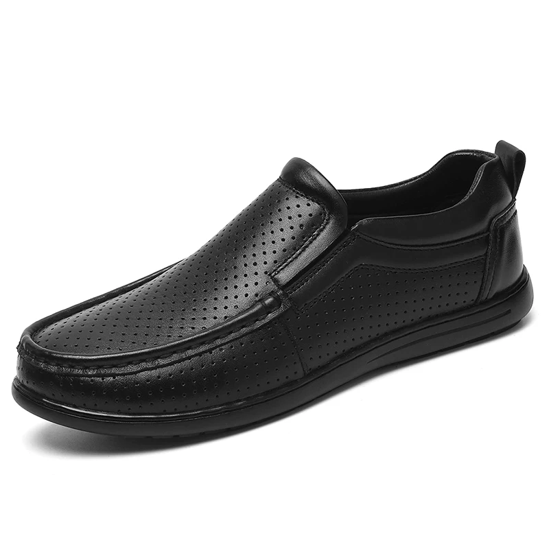 

New Black Classic Concise Mens Casual Leather Shoes Hollow Out Air-permeable Big Size Loafers Leisure Business Elegant Footwear