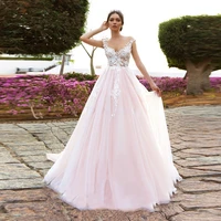 pink flowers appliques wedding dresses 2021 scoop neck a line sleeveless tulle bridal dress bohemian floor length wedding gowns