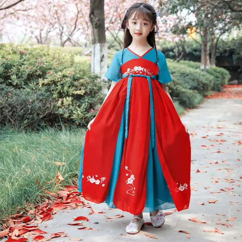 

Детский традиционный костюм Hanfu, в китайском стиле, винтажный этнический костюм для учеников, танцевальный костюм, летние платья для девоче...