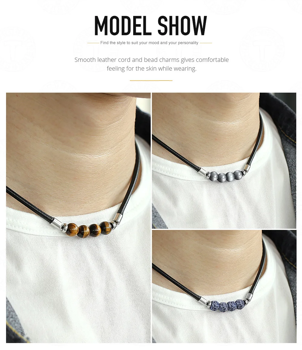 Trendsmax 8mm Natural Tiger Eye Stone Bead Necklace Charm Black Leather Cord Choker Necklace for Men Women Jewelry Gift DN125