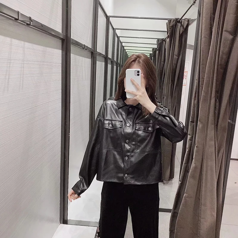 2019 New Autumn Women Pu Leather Jacket Outwear Coat Turn Down Neck Loose Black Single Breasted With Buttons And Pockets Ladies | Женская