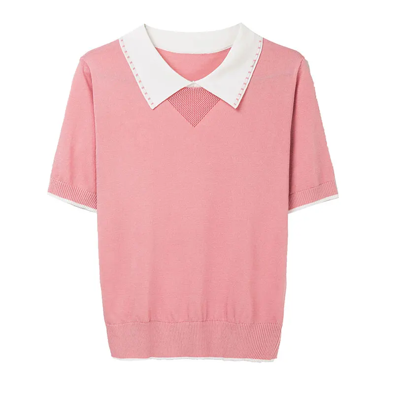 

YISU 2021 New Thin College style Women Sweater Summer Solid color Lapel Short sleeve Loose Jumper Female Casual Knitted Pullover
