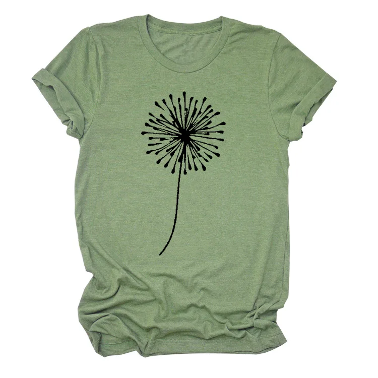 

Trendy women's dandelion print short-sleeved simple casual short-sleeved top loose round neck T-shirt Black